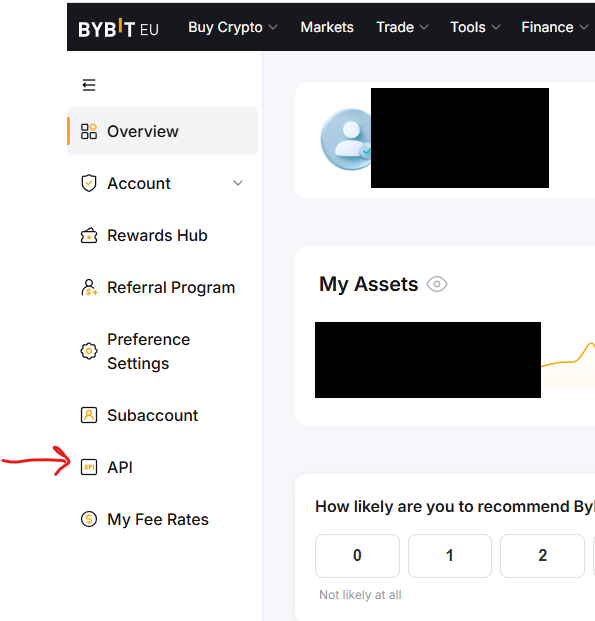 Bybit.eu — API in het linkermenu