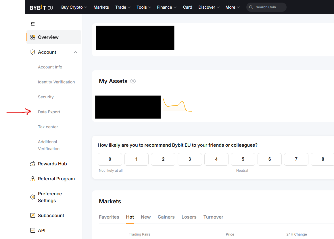 Bybit.eu — Data Export in het Account submenu