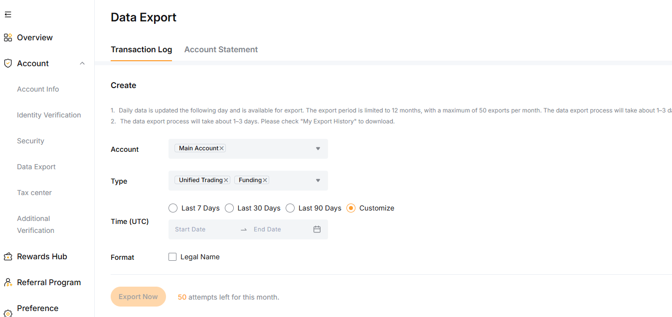 Bybit.eu — Data Export formulier