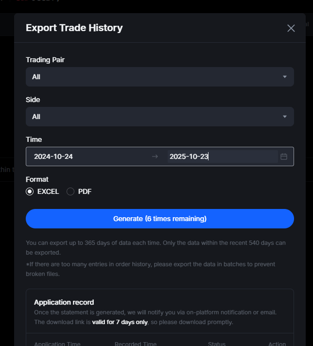 MEXC — Export trade history dialog