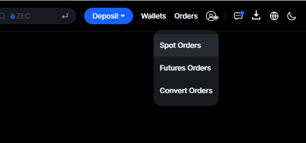 MEXC — Spot Orders menu